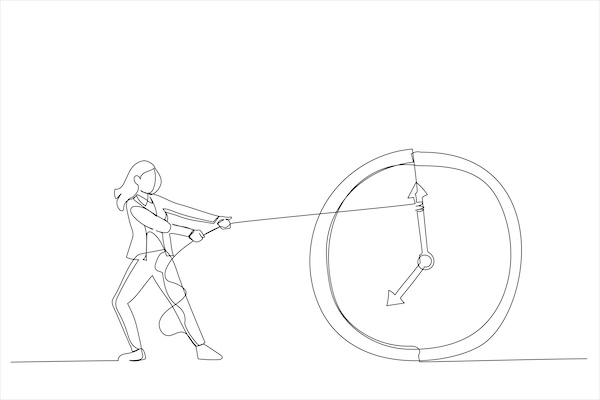 Drawing of Businesswoman trying to slow down and stop time. Stopping time metaphor. Single line art style